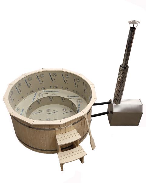 Hot tub 200cm Kunststoffen mit außen Holzofen inklusive, Holzdeckel,Edehlstahl ringe